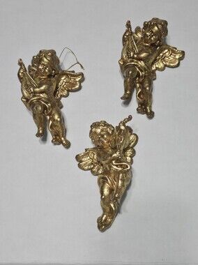 Set of 3 VTG assorted cherub ornaments, gold victorian angel